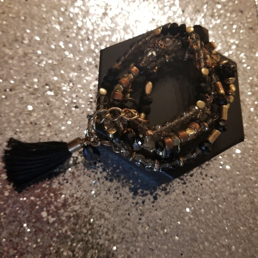 Black and Gold Multi Beaded Bracelets with Tassel